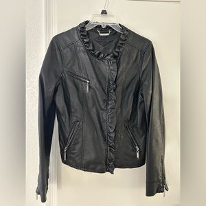 JOUJOU Black Faux Leather Jacket with Ruffle Trim and Zippered Pockets
